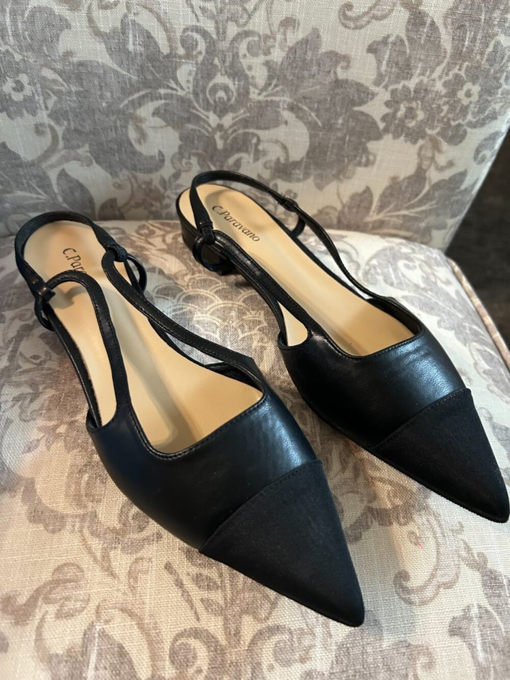 C.Paravano Cap-Toe Slingback Flats; Black